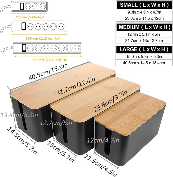 SENENQU 3er-Set Kabelbox Schwarz, Grosse Kabel Organizer Box mit Holzdeckel für Kabel, Grosse und Kl