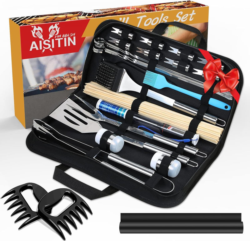 AISITIN BBQ Grillbesteck Tool Set 25er mit Bambusstab, Grill Zubehör Geschenk für Männer mit Grillko