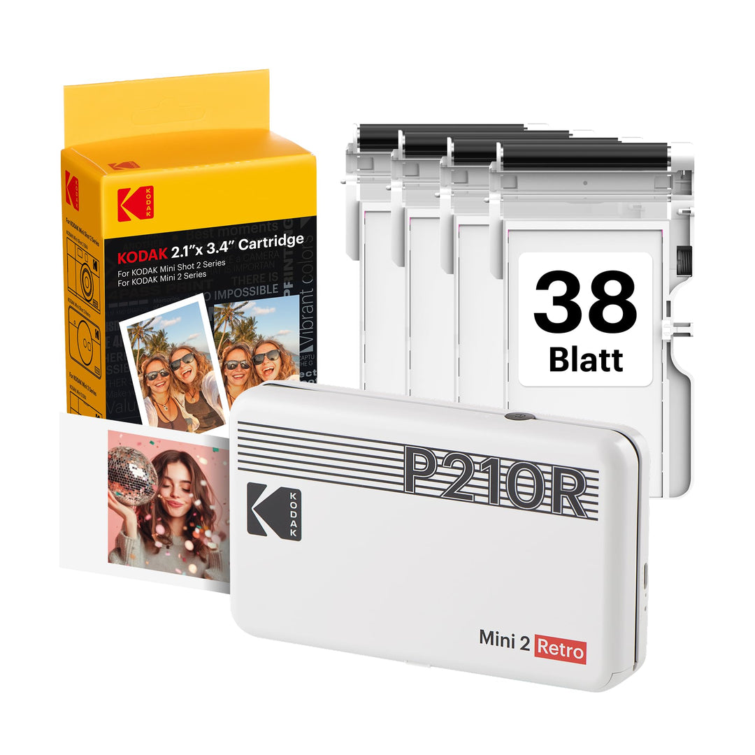 KODAK Mini 2 Retro 4PASS Mobiler Fotodrucker (5,3x8,6cm)- Paket met 68 Blatts, Weiss Drucker + 68 Bl