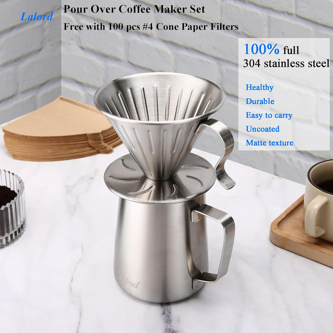 Pour Over Kaffeebereiter-Set, 304 Edelstahl, mit 100 Stück #2 Papierfilter und 600 ml Milchaufschäum