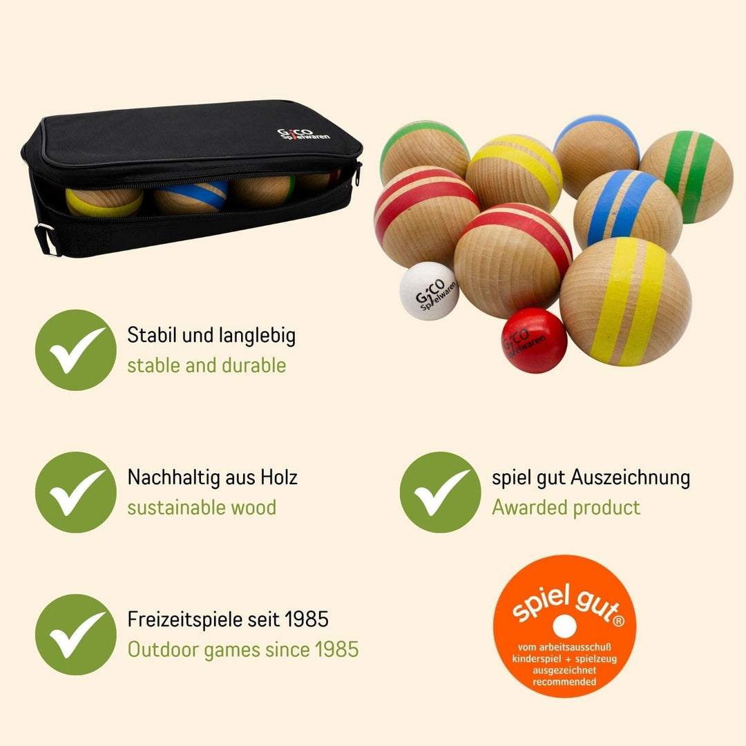 GICO Boccia Spiel aus Massivholz, gestreift mit 8 Kugeln, Durchmesser 7 cm. Made in EU -Spiel gut Au