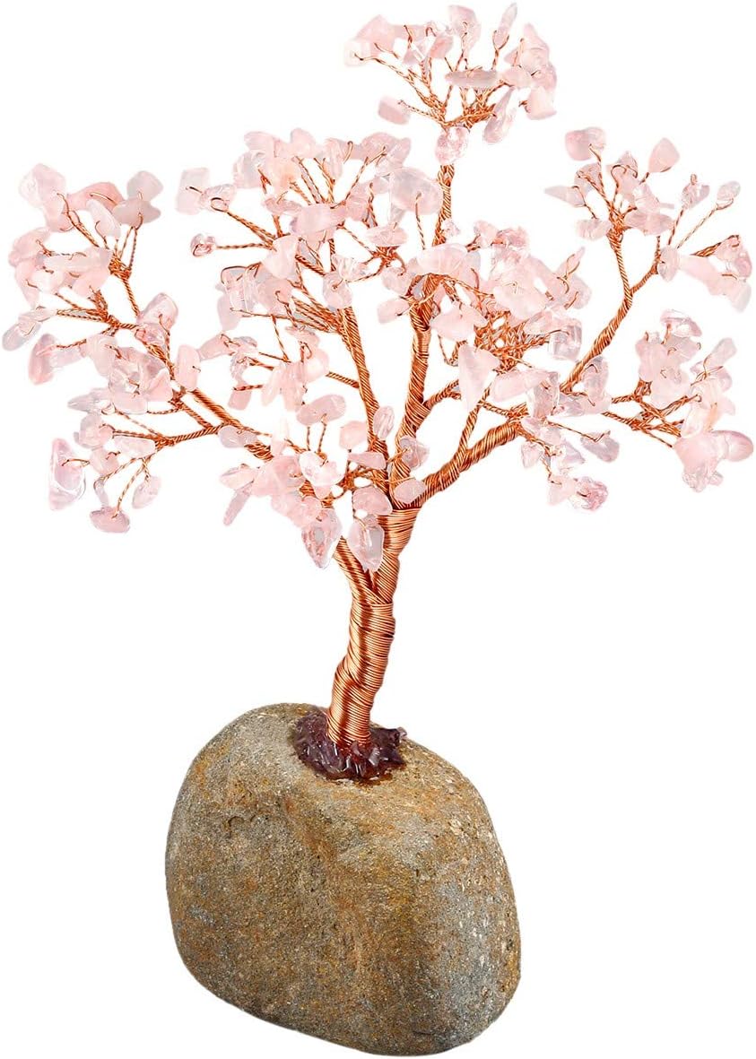 KYEYGWO Geld-Baum eingewickelt auf Steinbasis-Bonsaiskulptur-Figur für gutes Glück Rosenquarz 15CM-2