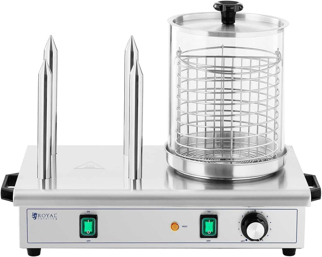 Royal Catering RCPHW 650 Hot-Dog-Maker 650 W 4 Heizspiesse Hot Dog Wärmer Hot Dog Maschine Bockwurst