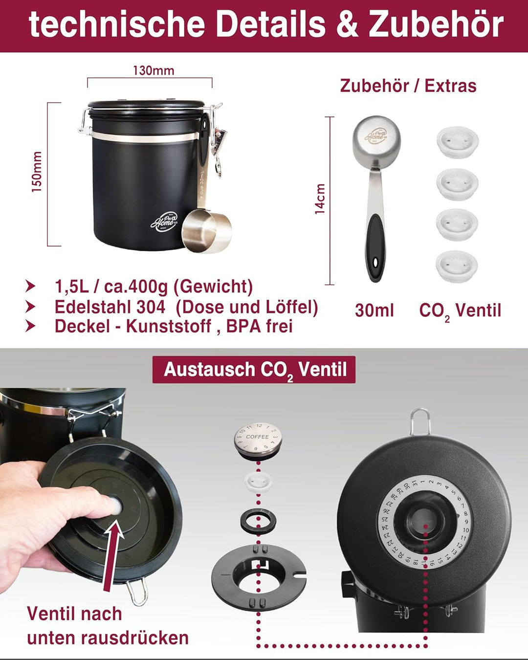 Kaffeedose luftdicht 500g - Schwarz - Kaffeebohnen Vorratsbehälter 1,5L aus Edelstahl mit Kalenderfu