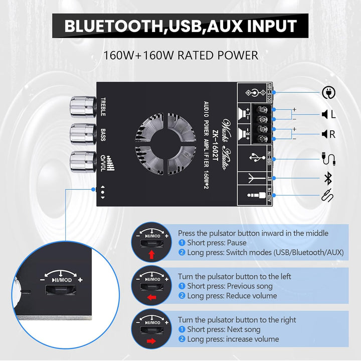 HiFi Verstärker mit Bluetooth ZK-1602T Mini Stereo-Audioverstärker 2.0 Kanal 160W+160W Stereo Mini v