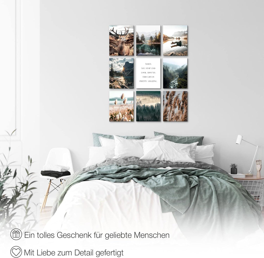 Novart Wandbilder Natur - KOMPLETT AUFHÄNGFERTIG - Hirsch Wohnzimmer Schlafzimmer- 9 Moderne Mood-Bi