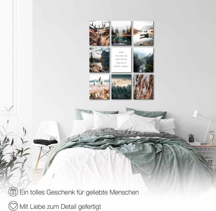 Novart Wandbilder Natur - KOMPLETT AUFHÄNGFERTIG - Hirsch Wohnzimmer Schlafzimmer- 9 Moderne Mood-Bi