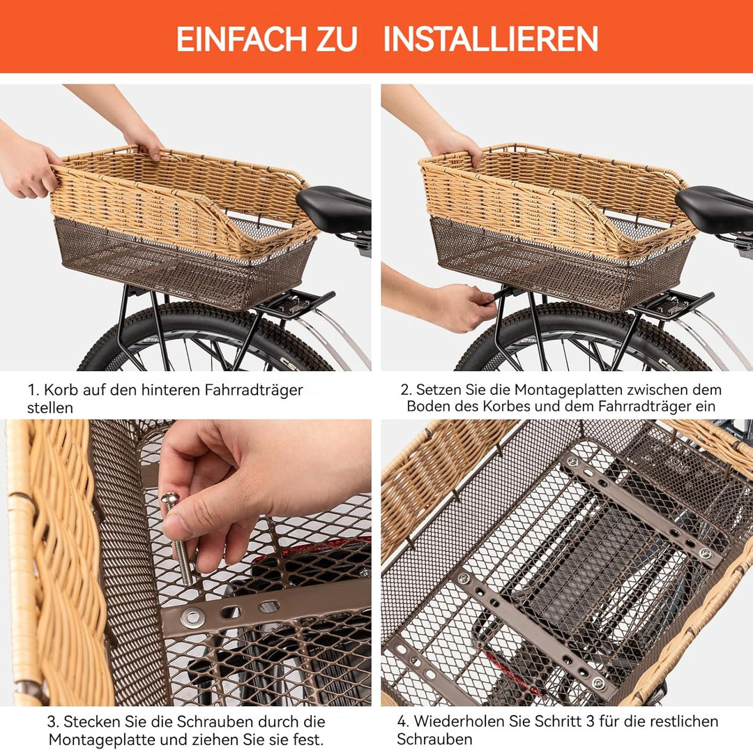 Fahrradkorb Hinten gross,25L Weave fahrradkörbe mitTragkraft bis 20 kg, Sockel aus Metall Schultasch