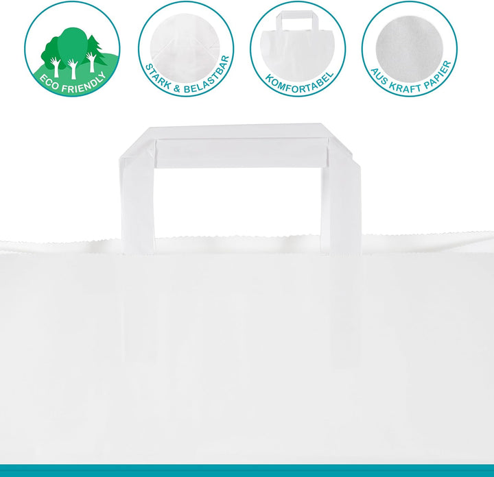 Commerline Papiertüten 250 Stück, Weiss, 32+17x27 cm | Kraftpapier Tüten Klein Mit Henkel | Tragetas