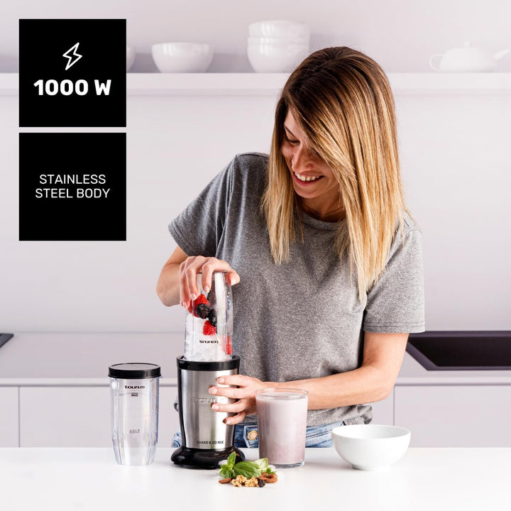 Taurus Tragbarer Rührgerät Küchenmixer | 1000 W Leistung | 2 Gläser à 500 ml | Zerkleinerer mit 150