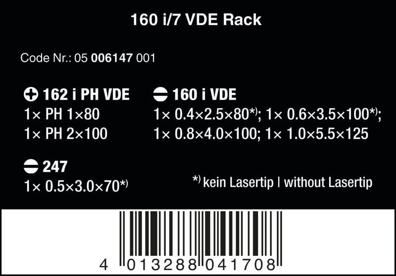 Wera 05006147001 160 i/7 Rack, VDE Isolierter Schraubendreher Satz, 7-teilig Single 160 i/7 VDE, Sin