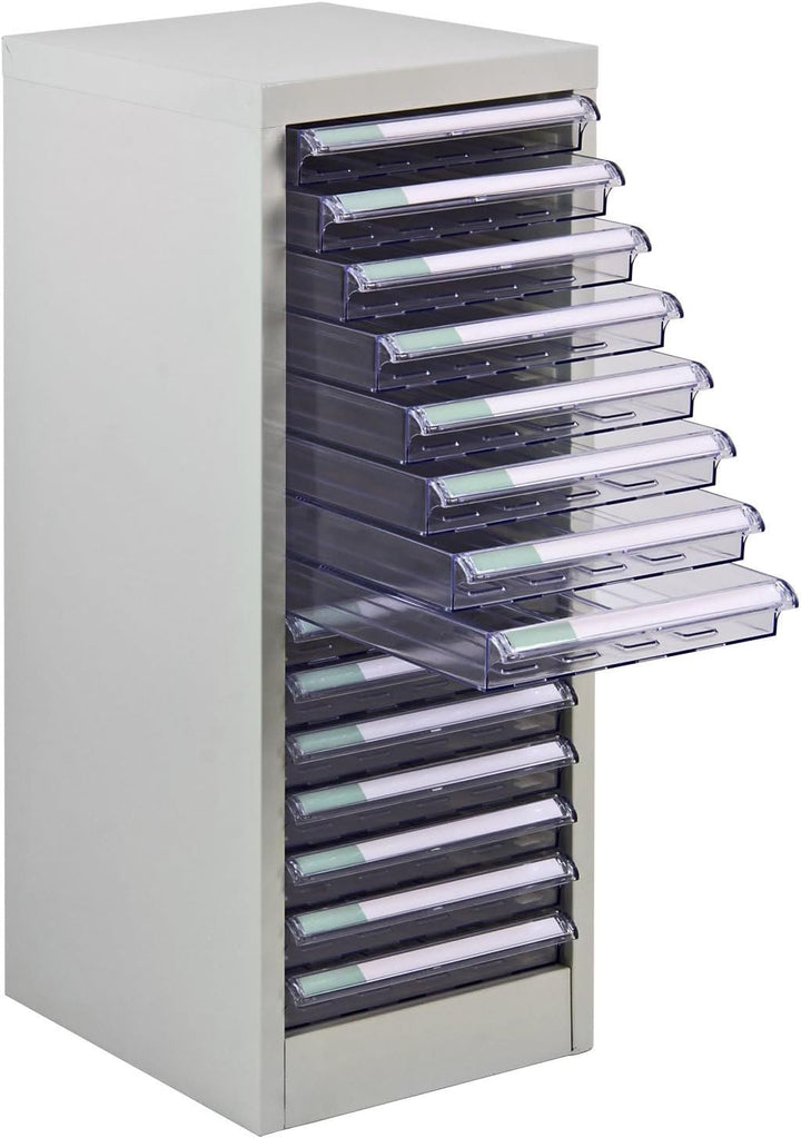 PROREGAL Schubladencontainer Kobra mit 15 transparenten PVC-Schubladen | HxBxT 74x28x34cm | Lichtgra