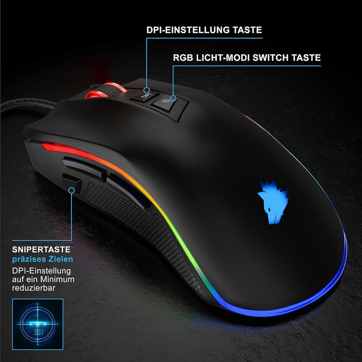 CSL-Computer TITANWOLF - Gaming Maus 12400 DPI mit RGB Beleuchtung, 8 programmierbare Tasten, Ergono