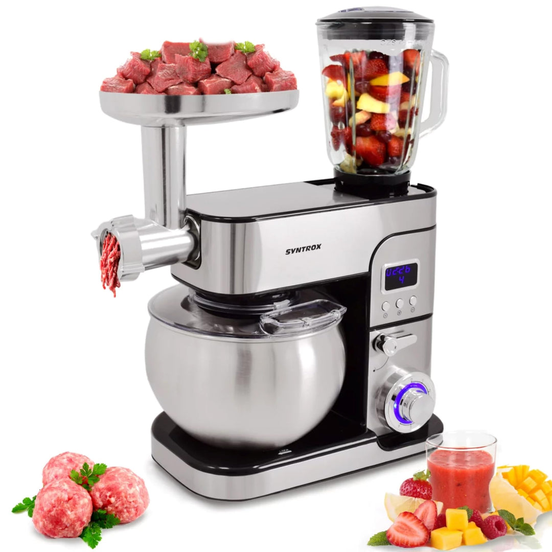 Syntrox Küchengerät Kagus Edelstahl 6 Liter Küchenmaschine & Fleischwolf, Knethaken, Schneebesen, LE