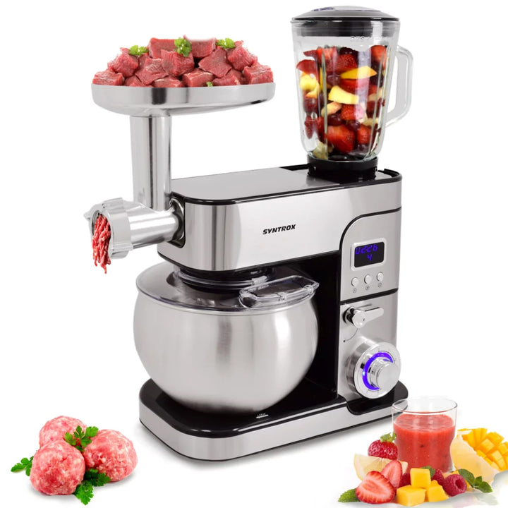 Syntrox Küchengerät Kagus Edelstahl 6 Liter Küchenmaschine & Fleischwolf, Knethaken, Schneebesen, LE