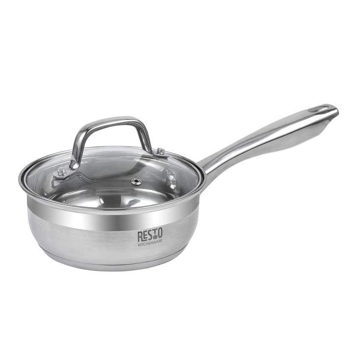 RESTO Kochtopf 1l, Bratentopf 16 cm– Saucepan Stielkasserolle aus Edelstahl mit hitzebeständigem Gla