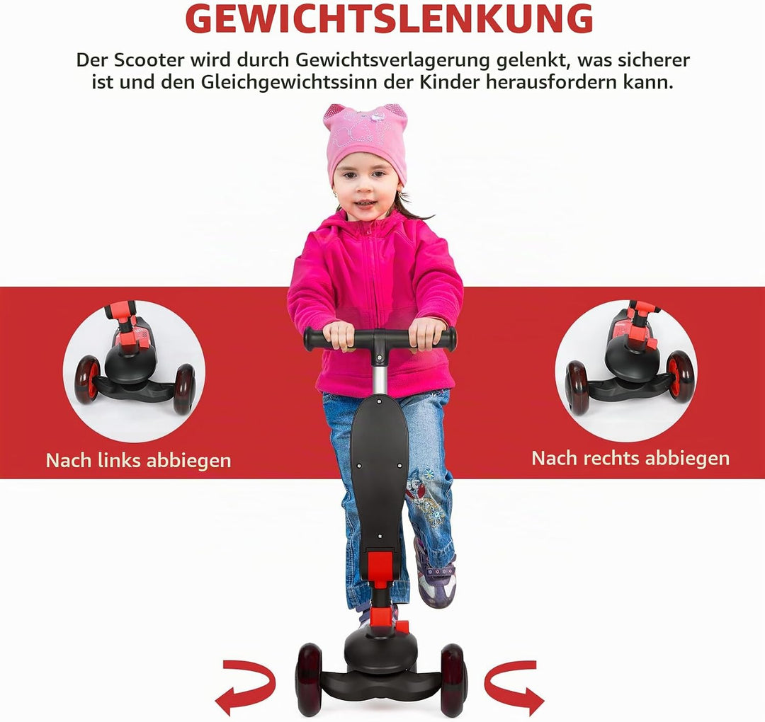 Kinderroller mit 360° drehbarem Sitz, stufenlose Höhenverstellung, Scooter mit LED-Rädern, Faltbarer