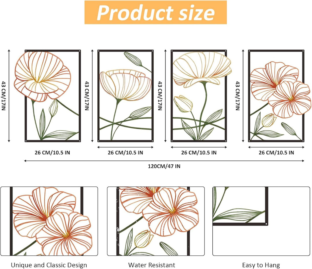 ESTART Dekor 4 Stück Metall Lotusblume Wanddekoration, Abstrakte Blumen Ästhetische Spleisslinie Kun