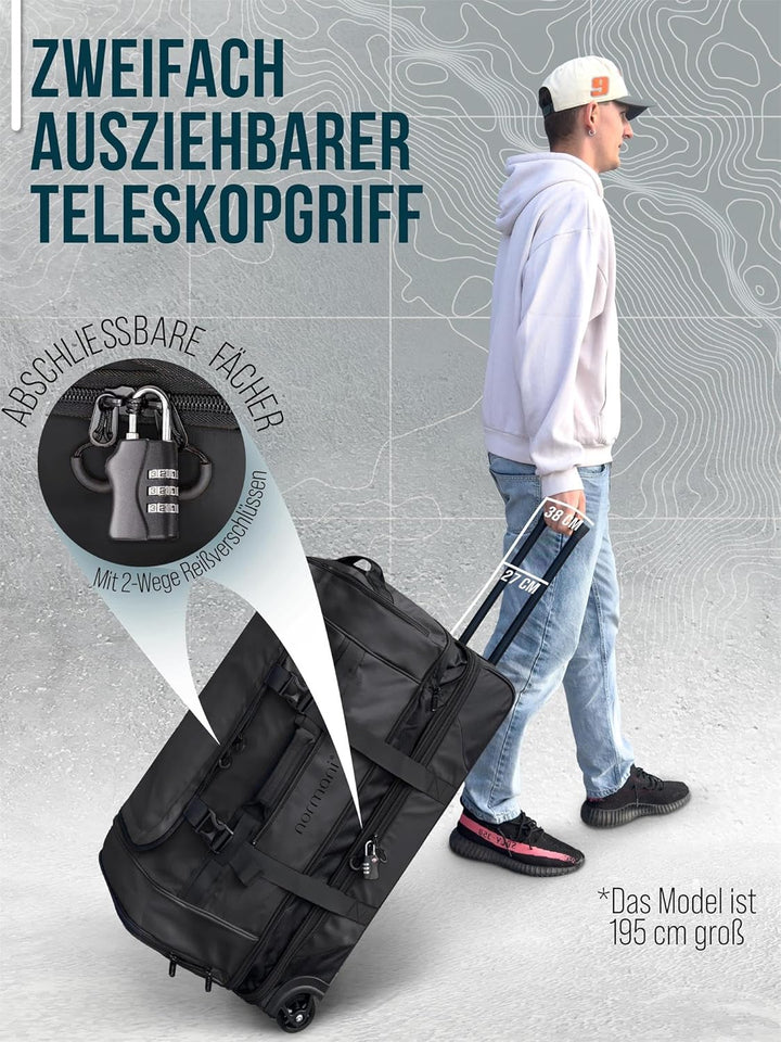 normani XXL Reisetasche 100-120 Liter 2-Rad Trolley gross Weichgepäck Travel Bag mit Rollen und 8 Fä