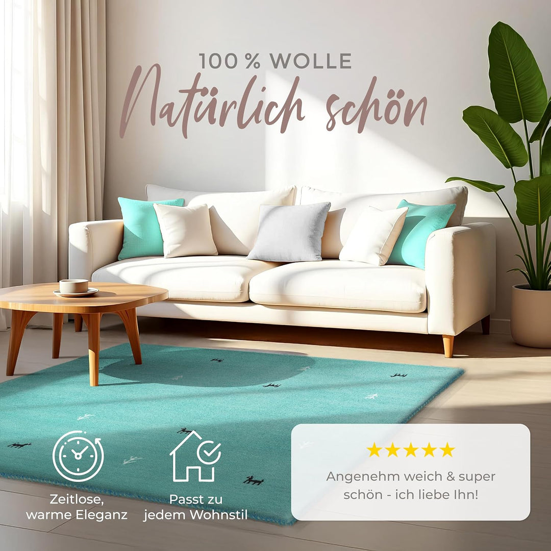 carpetfine Wollteppich Gabbeh Uni Quadratisch Türkis 60x60 cm | Moderner Teppich für Wohn- und Schla