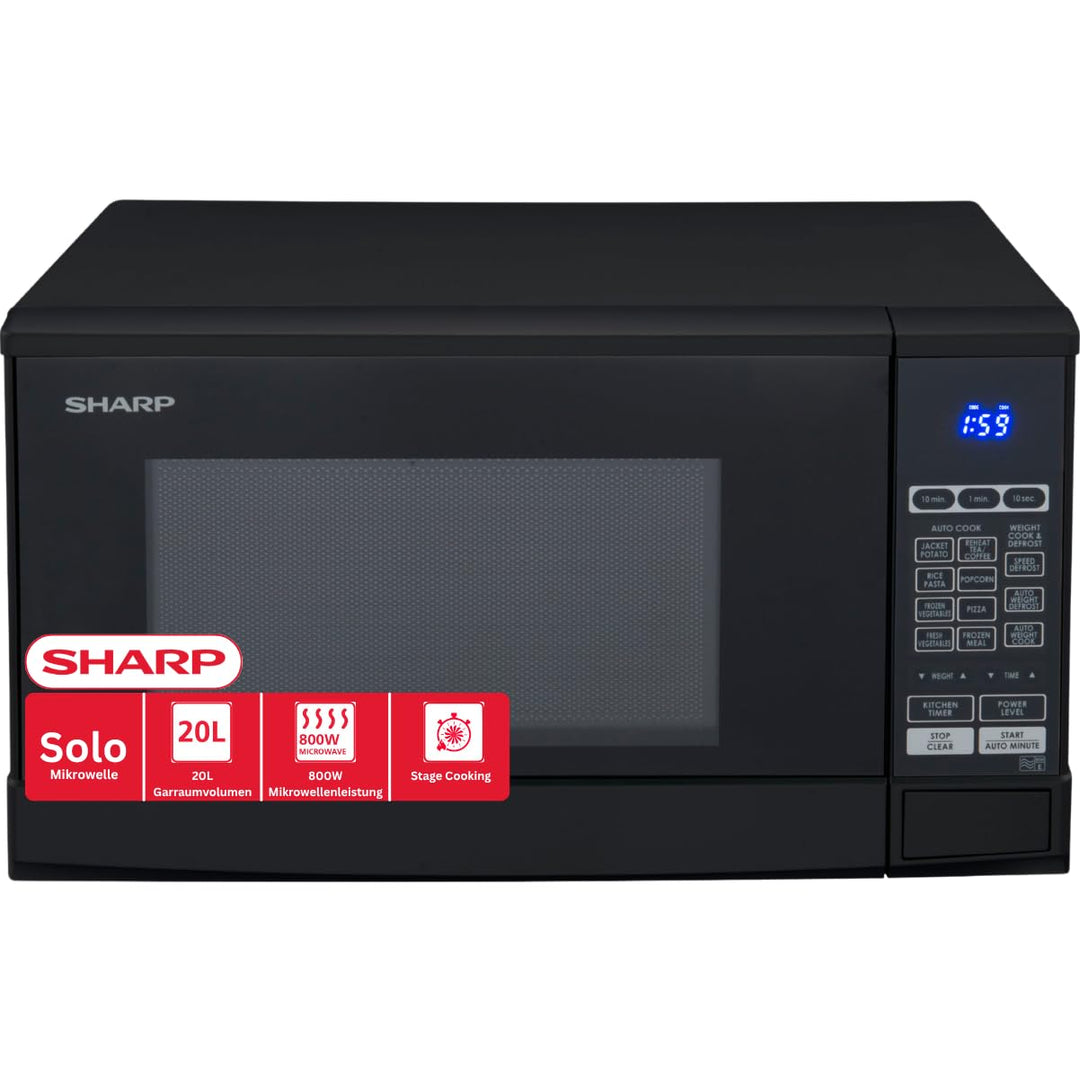 Sharp R-270BK Solo-Mikrowelle, 20 L, 800 W, 10 Leistungsstufen, 8 AutoCook-Programme, Timer bis 99 M