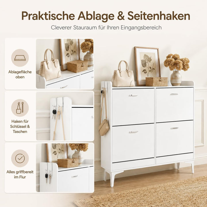 EGGREE Schuhschrank Schmal mit 4 Klappen, Schuhkipper für Flur, Schuhregal mit verstellbaren Fächern