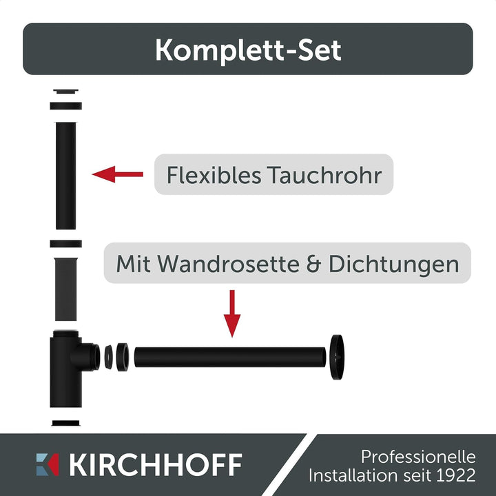 KIRCHHOFF Design Siphon, Matt Schwarzer Abfluss, Ablaufgarnitur für Waschbecken und Waschtisch, Geru