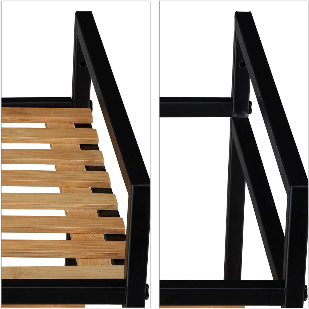 Relaxdays Rollregal Bad, 2 Ablagen, Badregal mit Wäschekorb, Metall, Bambus, HBT: 89,5 x 39 x 32,5 c