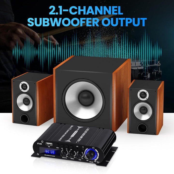HiFi-Verstärker ST-839 Bluetooth5.0 Stereo-Audioverstärker Receivers 2.1 Kanäle 25WX2+40W Max. 100W