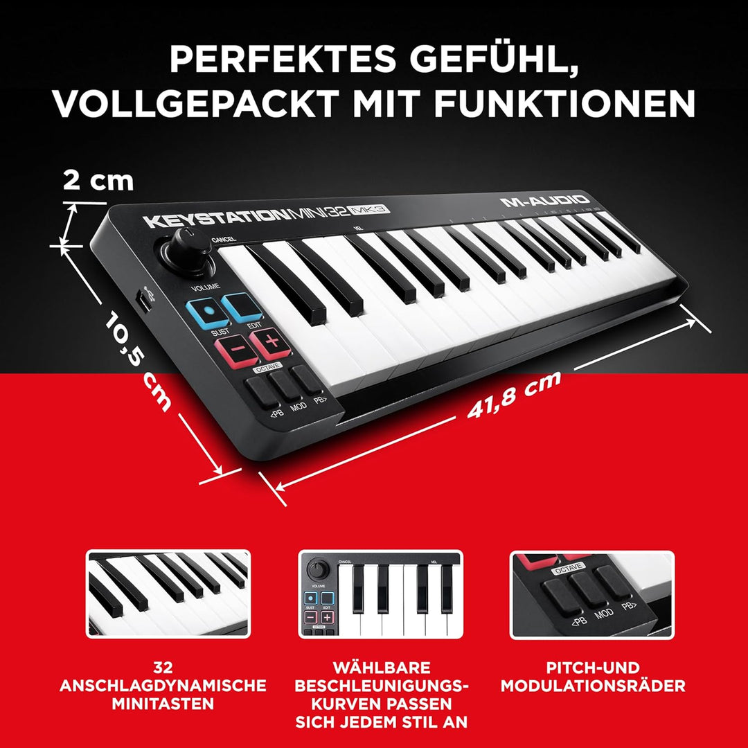 M-Audio Keystation Mini 32 MK3 - Ultra-portabler Mini USB MIDI Keyboard Controller mit MPC Beats Key