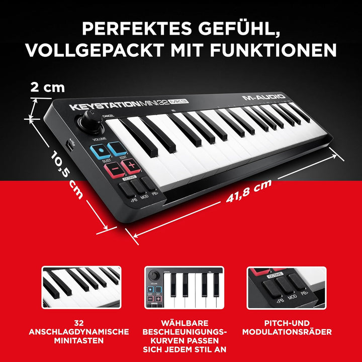 M-Audio Keystation Mini 32 MK3 - Ultra-portabler Mini USB MIDI Keyboard Controller mit MPC Beats Key