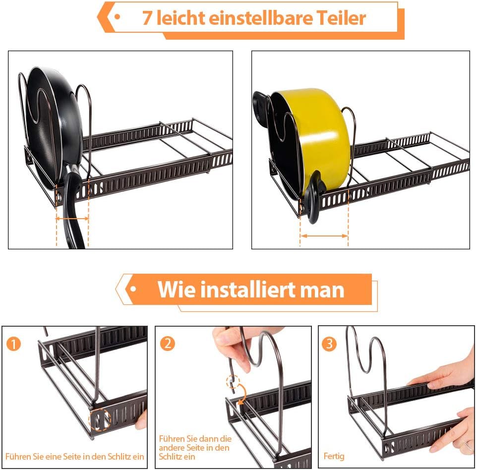 MASTERTOP Pfannenhalter für Schublade,Erweiterbarer Deckelhalter Topfdeckelhalter mit 8 Verstellbare