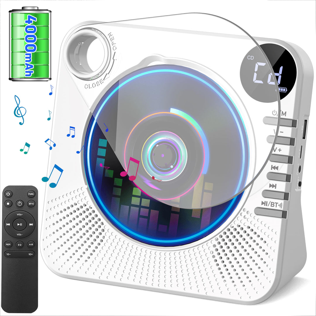Tragbarer CD-Player 4000mAh Wiederaufladbar, Bluetooth 5.1 mit Stereo-Lautsprechern, Fernbedienung,