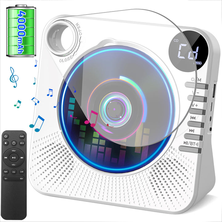 Tragbarer CD-Player 4000mAh Wiederaufladbar, Bluetooth 5.1 mit Stereo-Lautsprechern, Fernbedienung,