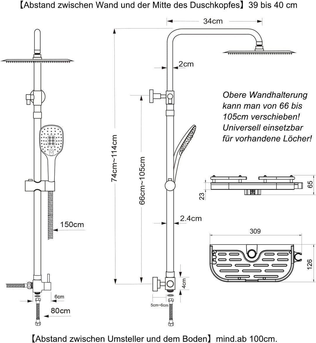 Görbach Duschsystem Duschset ohne Duscharmatur Überkopfbrauseset matt schwarz eckig (2525MB+Ablage)