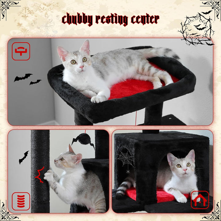 PAWZ Road Katzenbaum 116cm Gothic Halloween Edition, Schwarzer Kratzbaum mit Metall-Plüsch-Hängematt