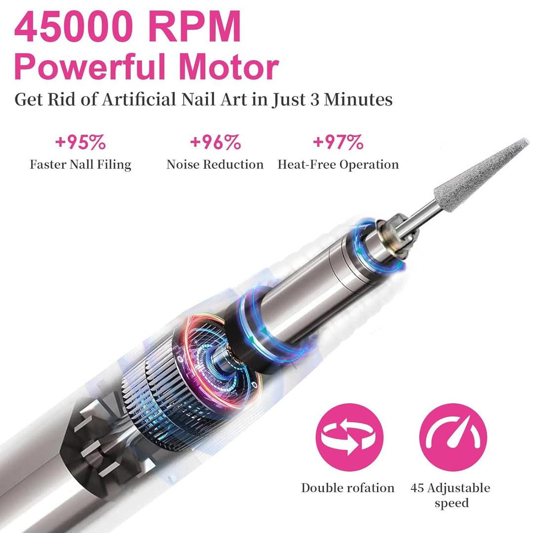 Elektrische Nagelfräser 45000 U/min，Wiederaufladbare Professionelle Elektrische Nagelfeile 4000mAh U