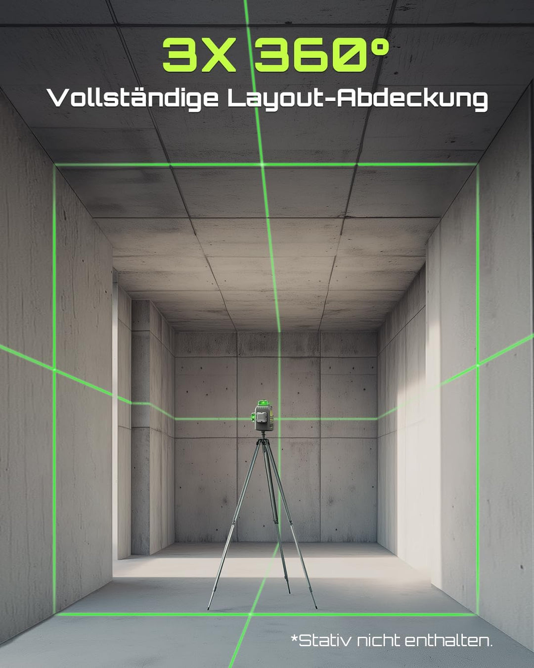 LasGoo 3D-RS12 Laser-Nivelliergerät: 3x360° grüner Strahl, selbstnivellierend, ideal für Bau und Bil