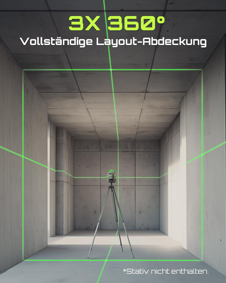 LasGoo 3D-RS12 Laser-Nivelliergerät: 3x360° grüner Strahl, selbstnivellierend, ideal für Bau und Bil