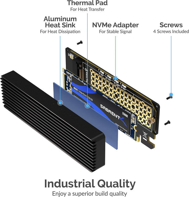 Sabrent M.2 SSD NVMe PCIe Adapter mit Aluminium Kühlkörper und Wärmeleitpad, für SSD 1TB, SSD 2TB, S