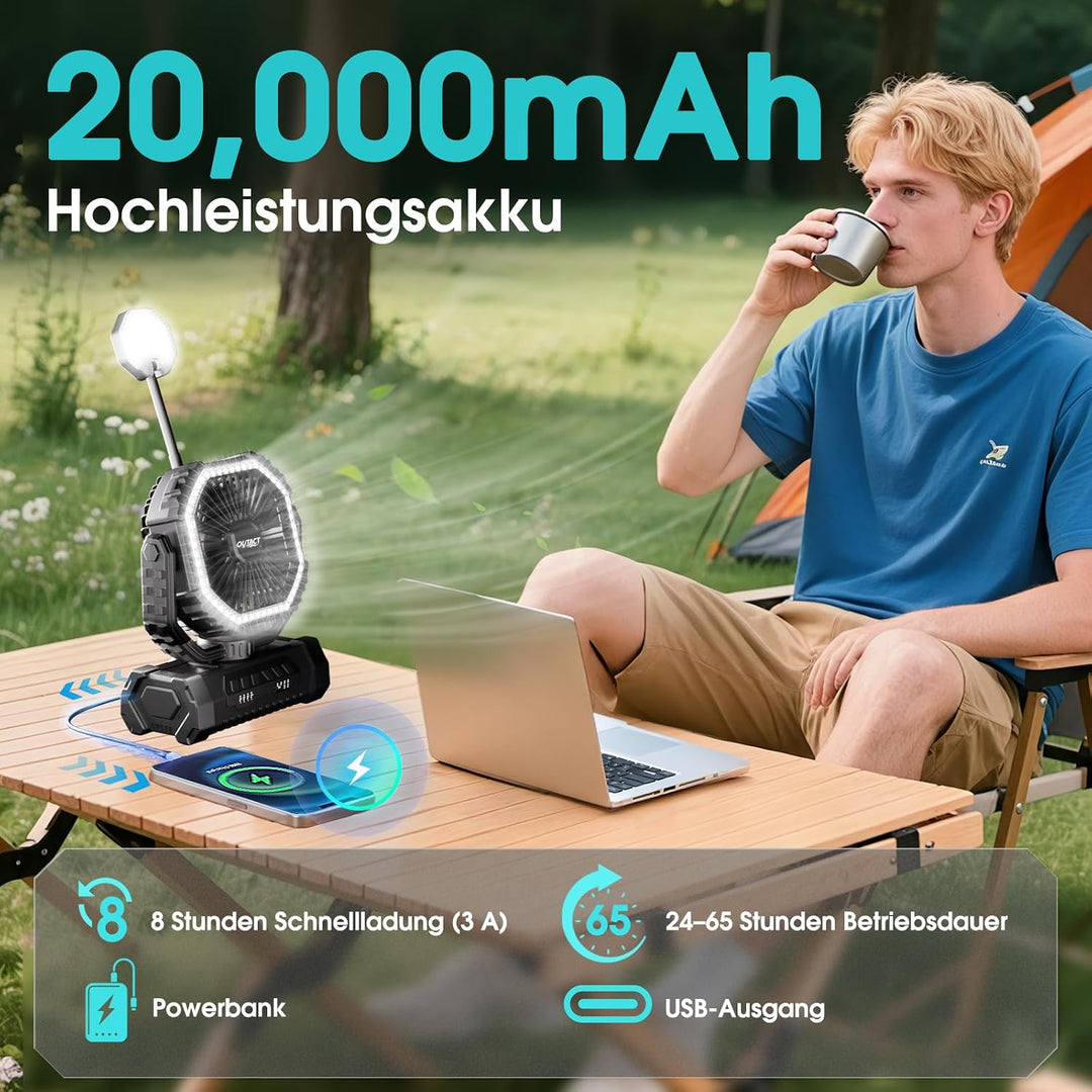 Camping Ventilator 20000mAh, Wiederaufladbarer Tischventilator USB Ventilator mit LED Licht & Haken,