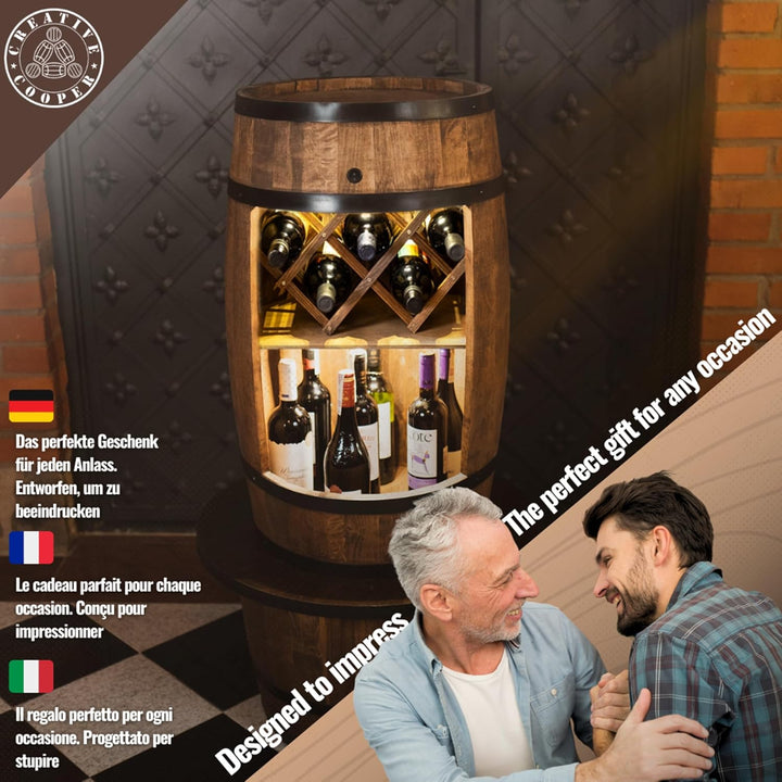 CREATIVE COOPER Fass bar mit Weinhalter - Weinregal LED - Holzfass Hausbar 80x50cm - Rustikaler deko