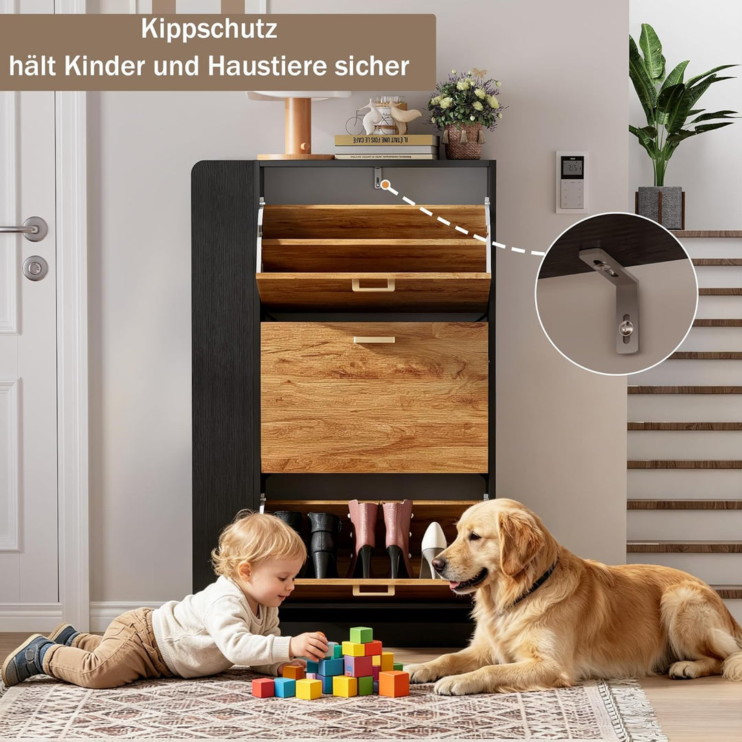 Schuhschrank mit 3 Klappen Schmal Schuhschrank mit 3 Flip-Schuhregal und 3 Ablagefächer platzsparend