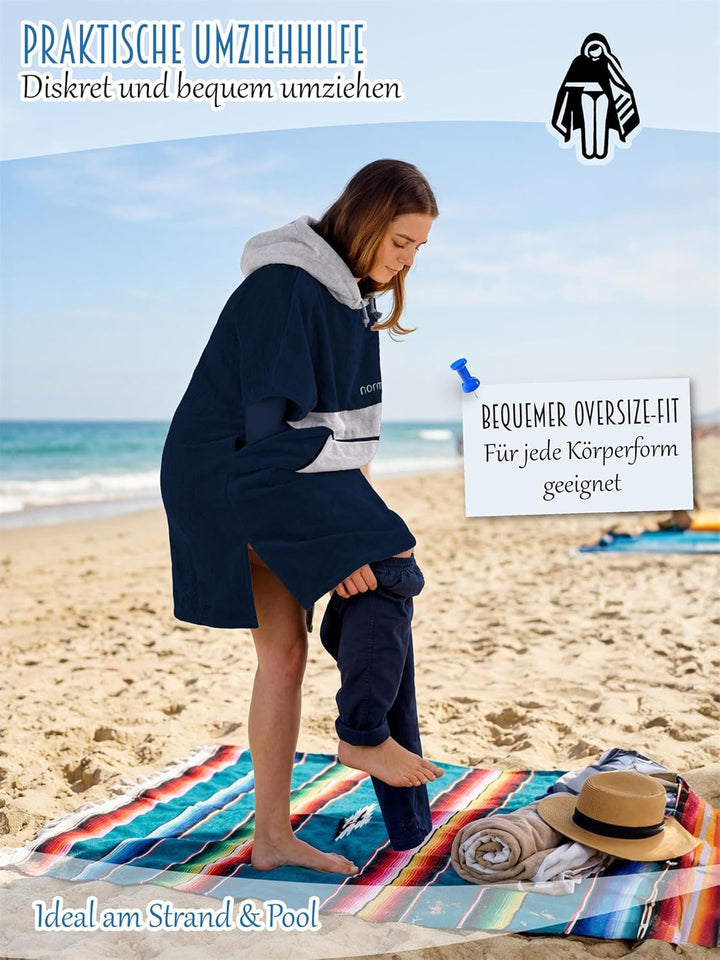 normani Baumwoll Surfer Poncho - Strandponcho - Handtuch-Poncho - Unisex Strand Umziehhilfe - geschl