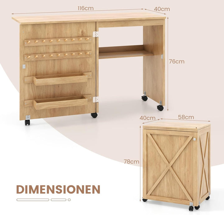 RELAX4LIFE Faltbarer Nähtisch, fahrbare Handwerksstation mit feststellbaren Rollen, Nähmaschinentisc