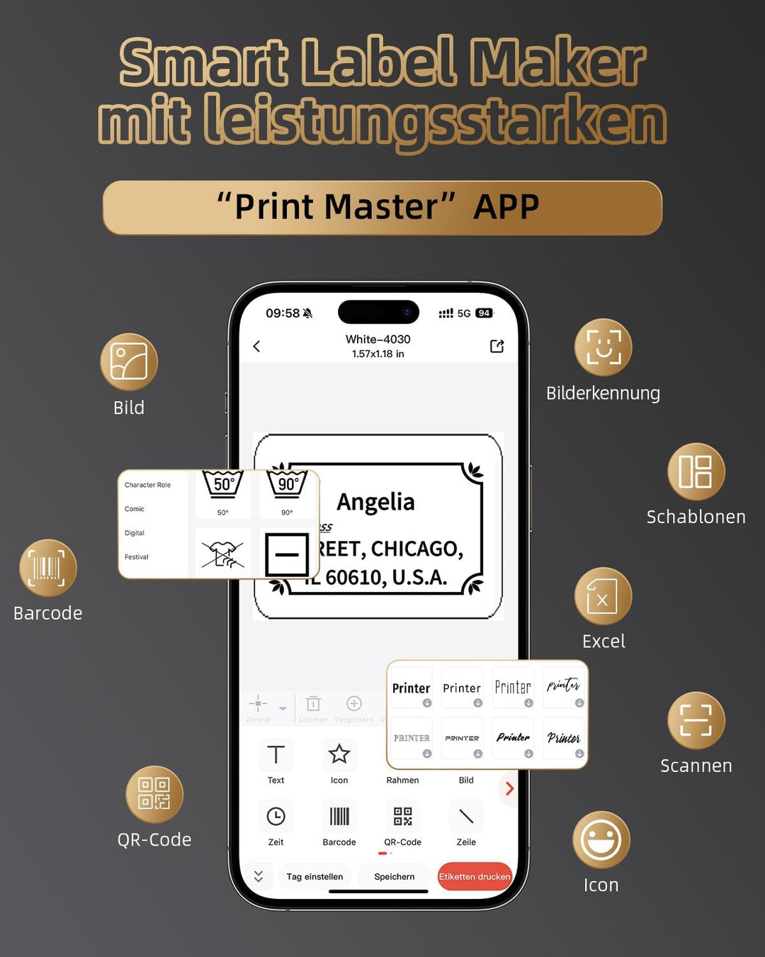 Phomemo M220 Etikettendrucker Beschriftungsgerät, Thermo Bluetooth Tragbarer Etikettenhersteller, Ak