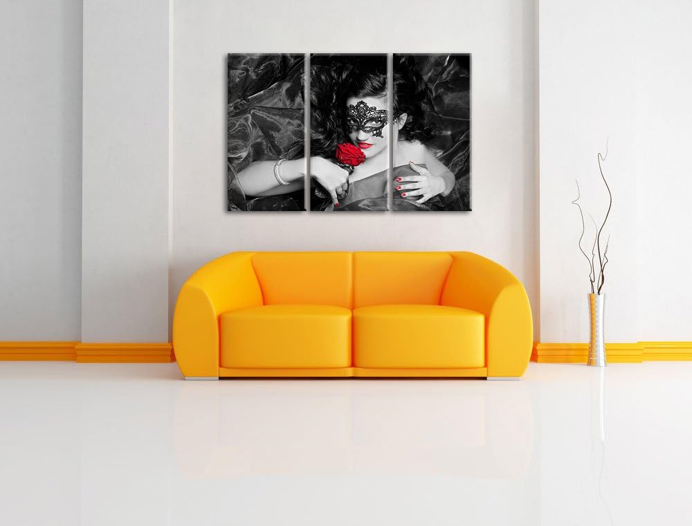 Maskierte Lady mit Rose schwarz/weiss 3-Teiler Leinwandbild 120x80 Bild auf Leinwand, XXL riesige Bi