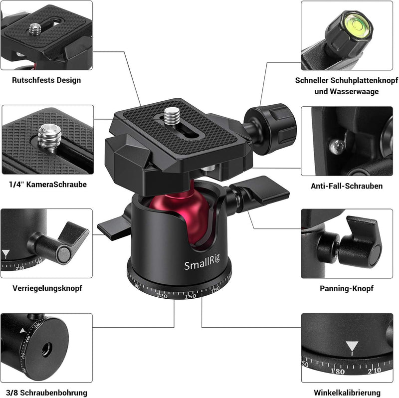 SMALLRIG Panorama kugelkopf stativkopf 360 ° drehbar, Stativkopf mit Schnellwechselplatte 1/4 Zoll S