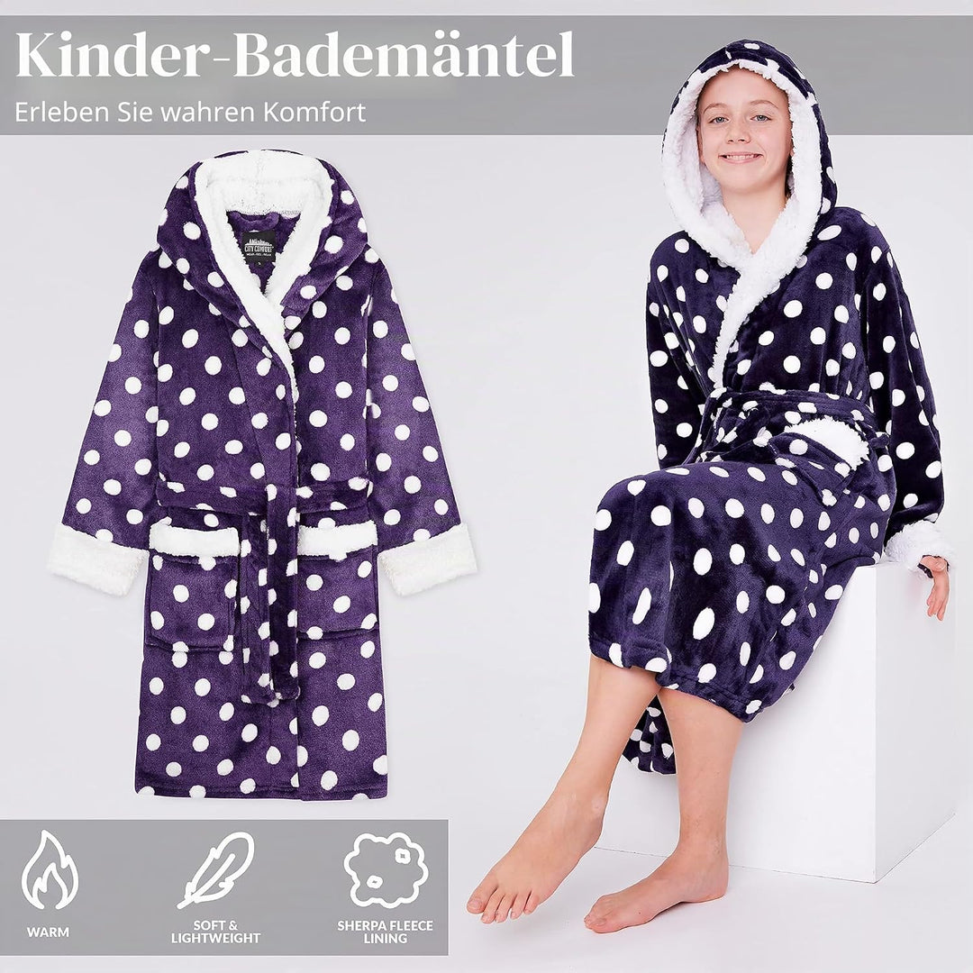 CityComfort Bademantel Kinder Mädchen, Fleece Morgenmantel Kinder Dressing Gown mit Punkten 11-12 Ja
