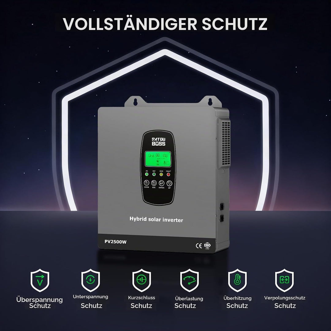 DATOUBOSS 1800W Hybrid Solar Wechselrichter 12V Reiner Sinus, 12V DC auf 230V AC Inverter mit MPPT L